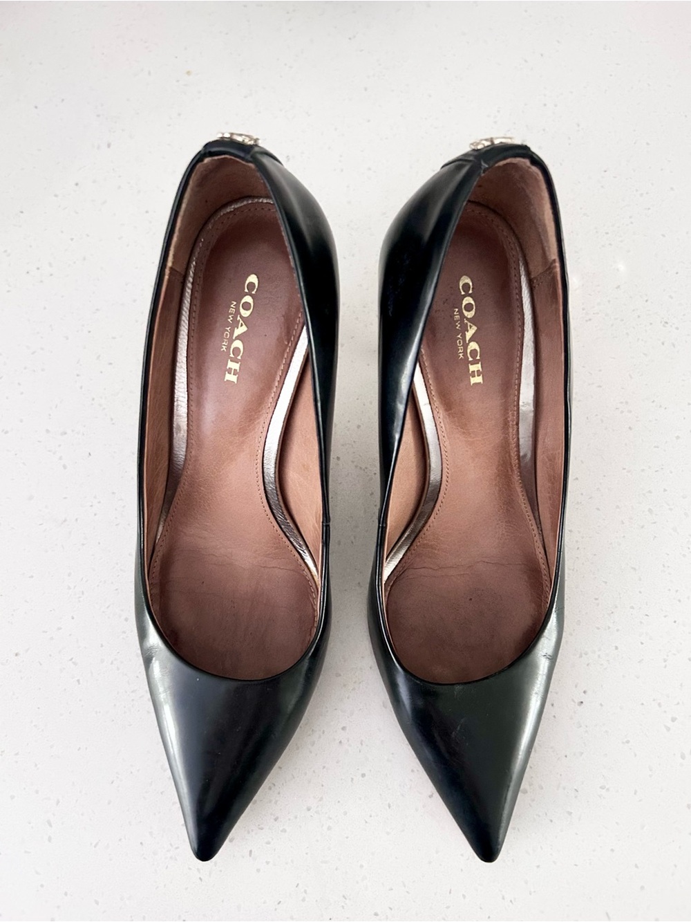 Coach Black Pointed-Toe Leather Pumps 5.5 Pointy Stiletto Heels Shoes